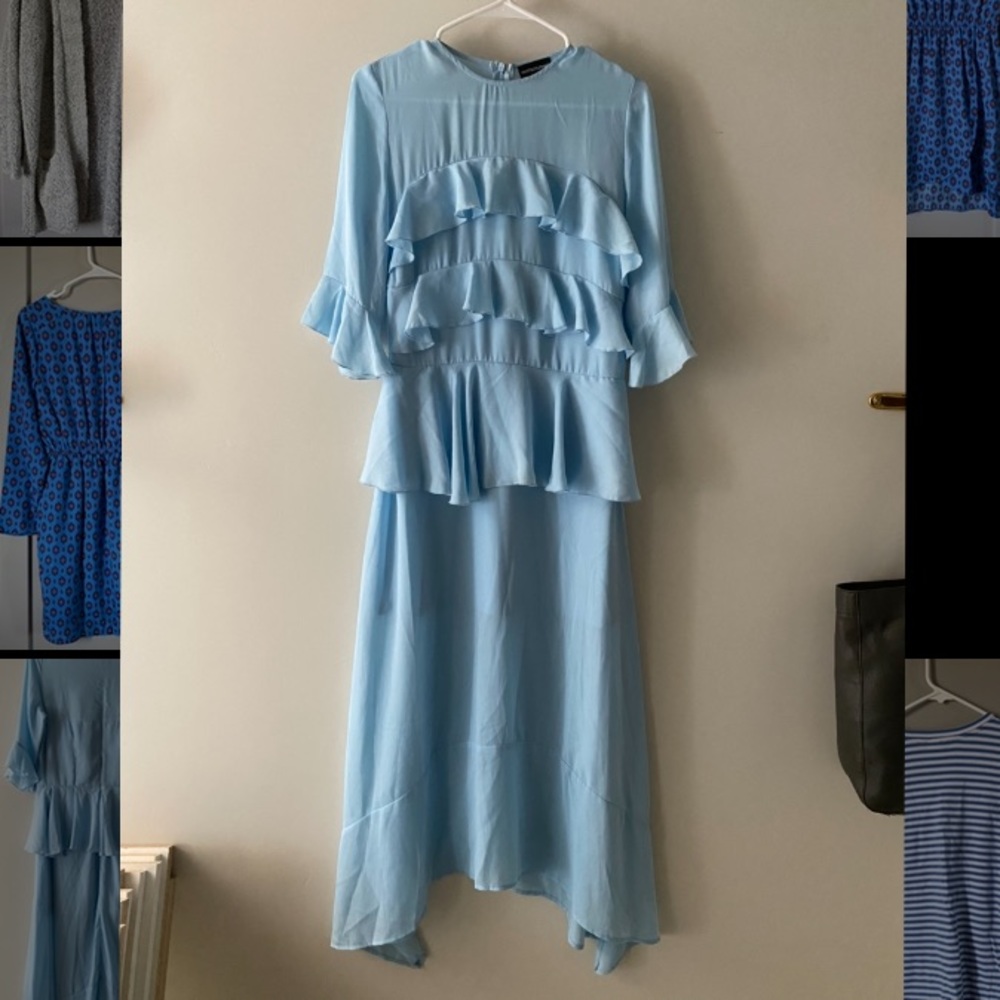 Long, flowy, airy blue dress